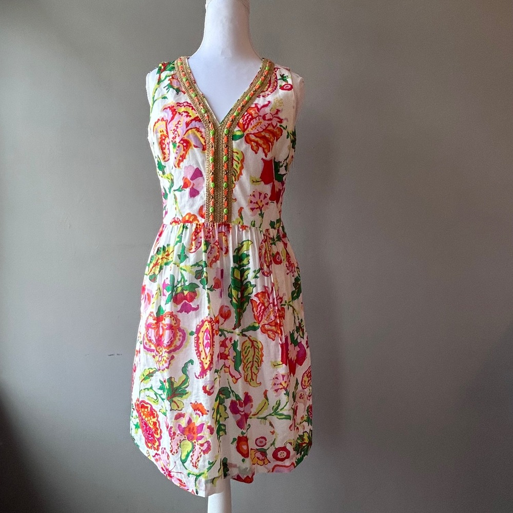 Vineyard Vines Womens Floral Beaded V-Neck Cotton Sleeveless Dress Size 2 White